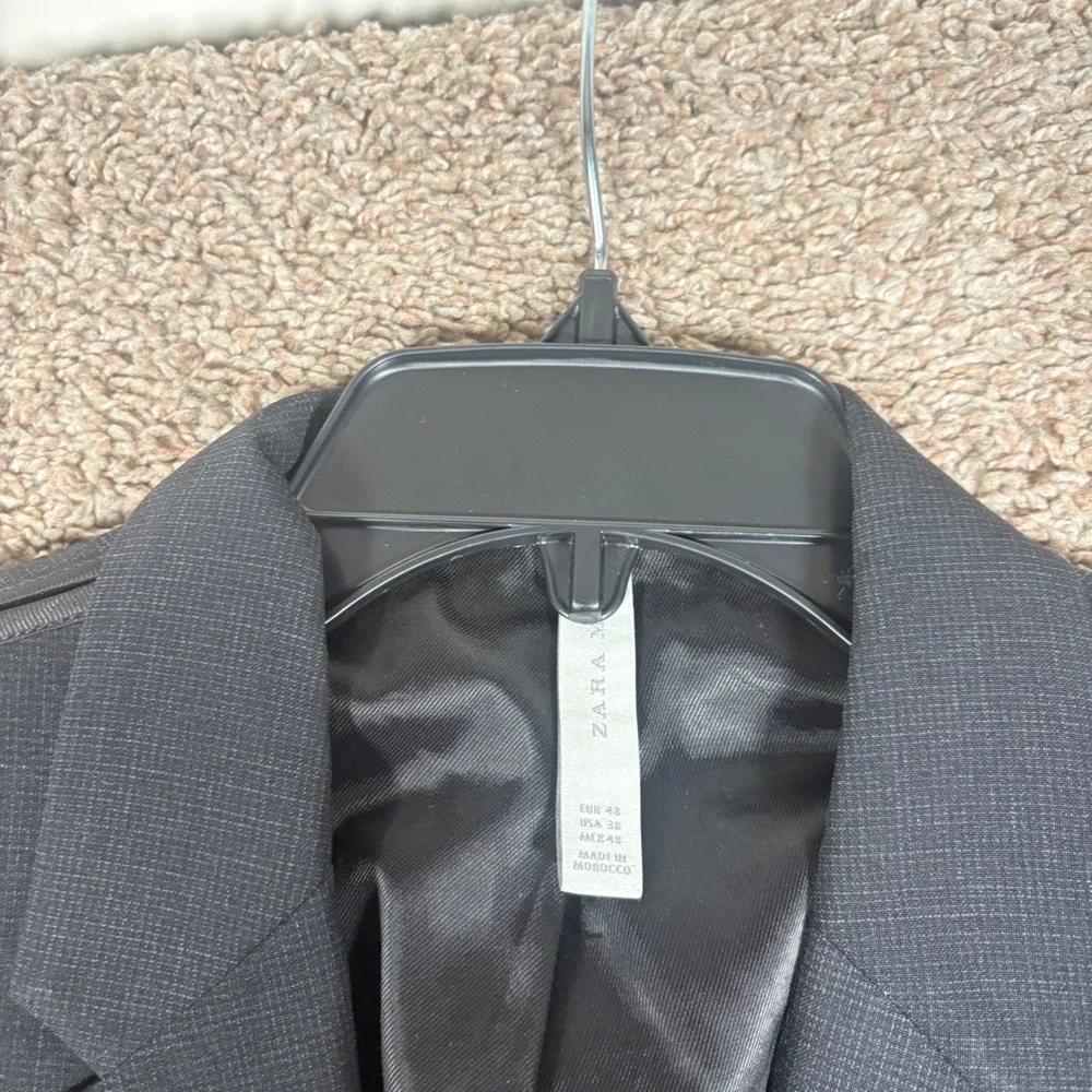 Zara Man Mens Slim Fit Blazer Jacket Charcoal Grey Micro Check Size 38 US 48 EUR